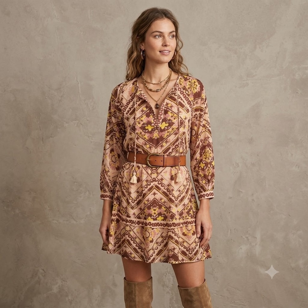 Cleobella Amber Minidress Womens Brown Geometric Organic Cotton Tassel Small